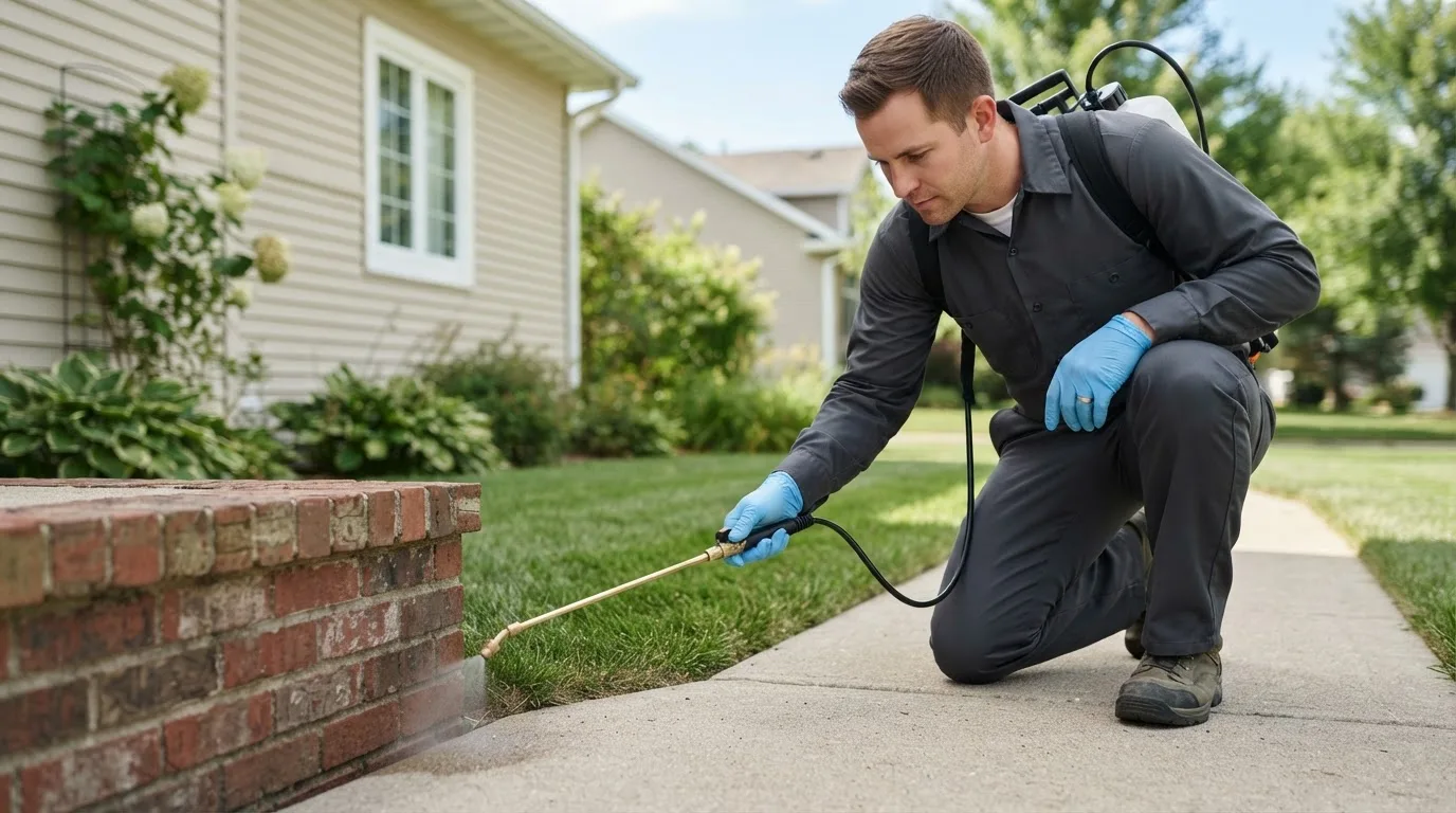 Pest control technician treating a home near Walthourville, GA